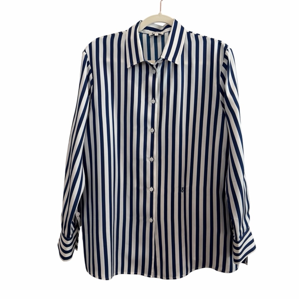 LILYSILK 100% Silk Blue & White Stripe Button Down Shirt Size L Side Slits